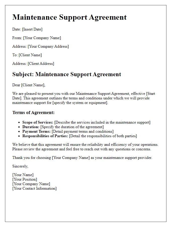 Letter template of Maintenance Support Agreement