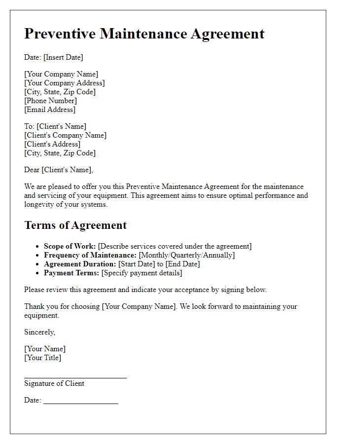 Letter template of Preventive Maintenance Agreement