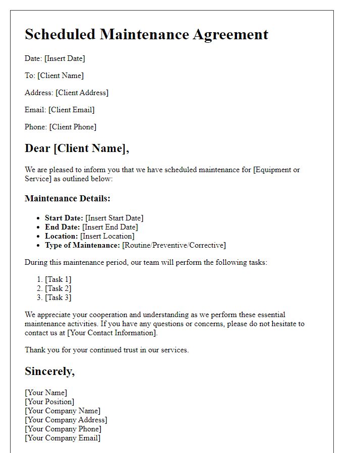 Letter template of Scheduled Maintenance Agreement