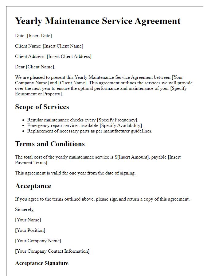 Letter template of yearly maintenance service agreement