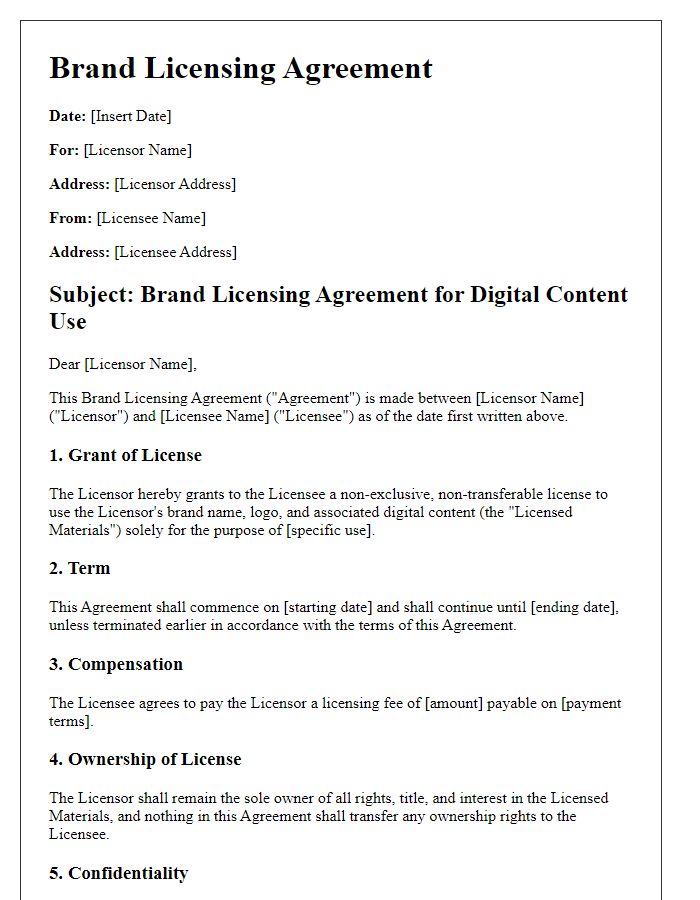 Letter template of brand licensing agreement for digital content use