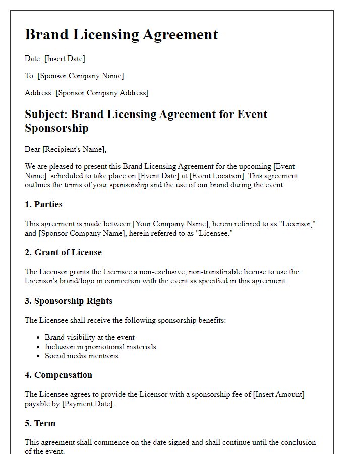 Letter template of brand licensing agreement for event sponsorship