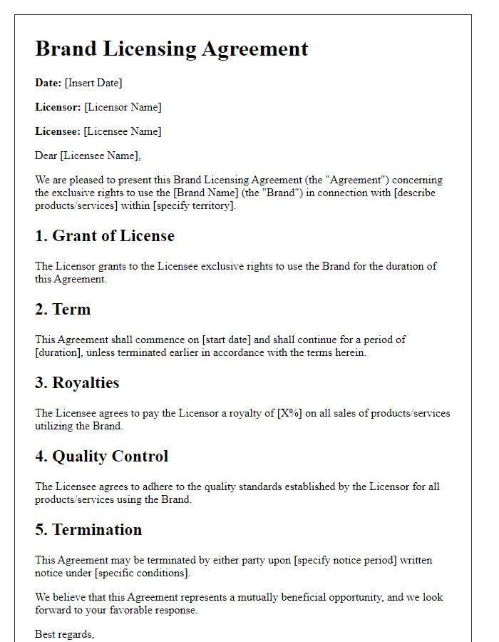 Letter template of brand licensing agreement for exclusive rights negotiation