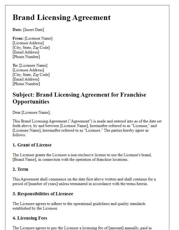 Letter template of brand licensing agreement for franchise opportunities