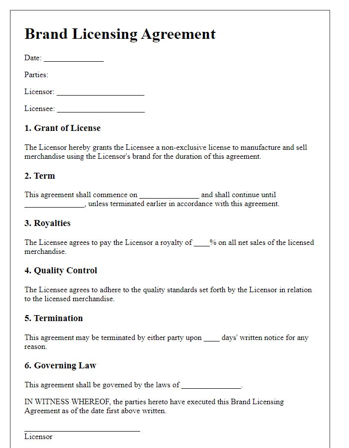 Letter template of brand licensing agreement for merchandise manufacturing