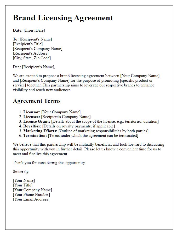 Letter template of brand licensing agreement for promotional partnerships