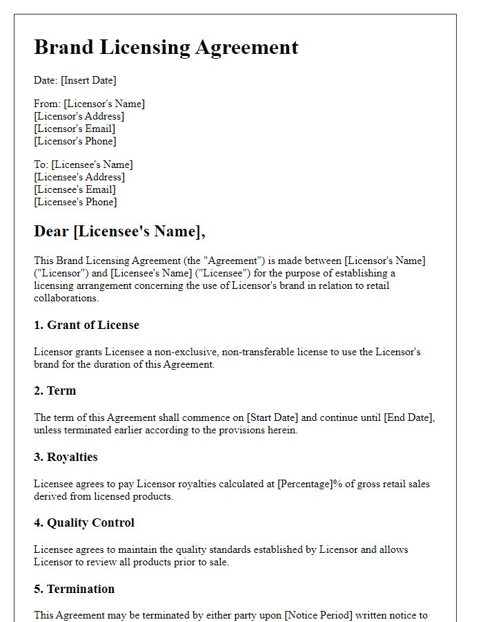 Letter template of brand licensing agreement for retail collaborations