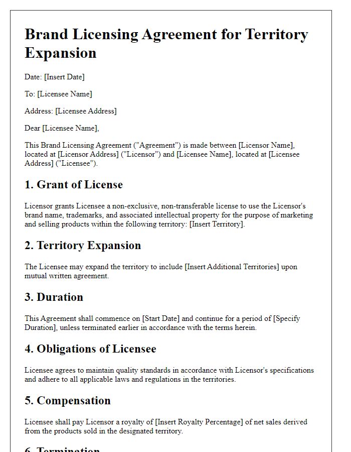 Letter template of brand licensing agreement for territory expansion