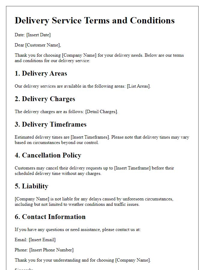 Letter template of delivery service terms