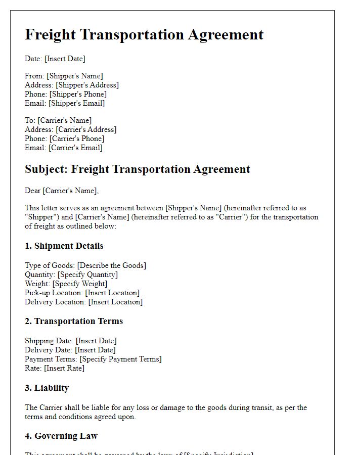 Letter template of freight transportation agreement