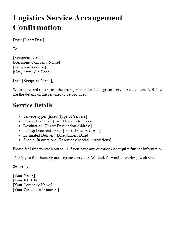 Letter template of logistics service arrangement