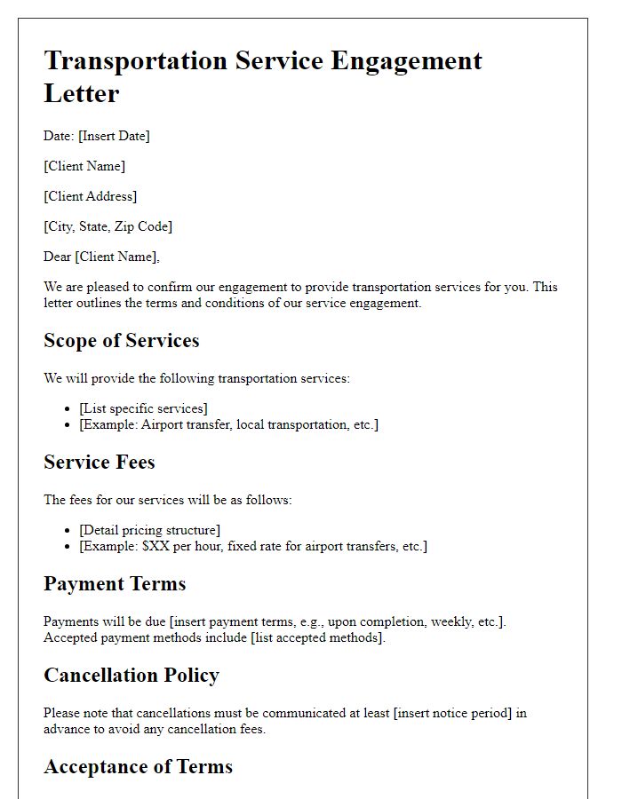 Letter template of transportation service engagement