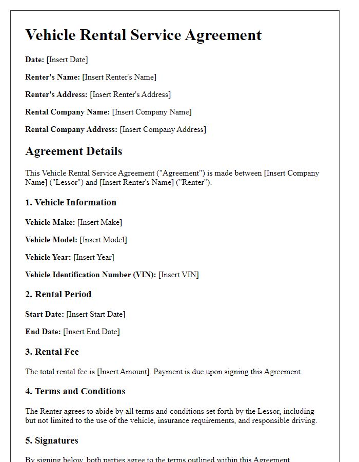 Letter template of vehicle rental service agreement