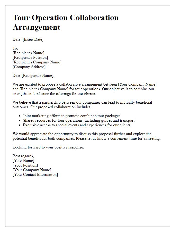 Letter template of tour operation collaboration arrangement