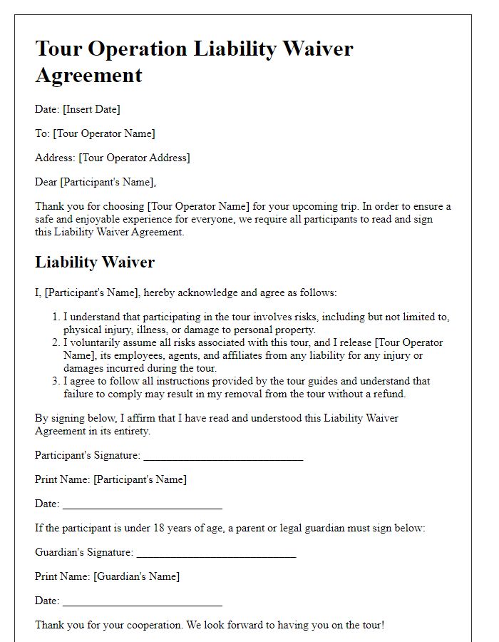 Letter template of tour operation liability waiver agreement