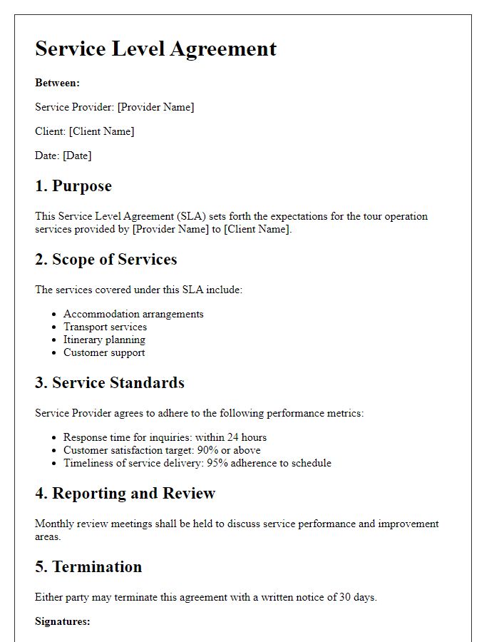 Letter template of tour operation service level agreement