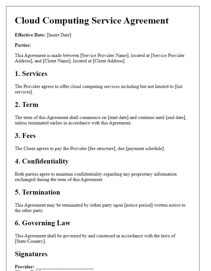 Letter template of cloud computing service agreement