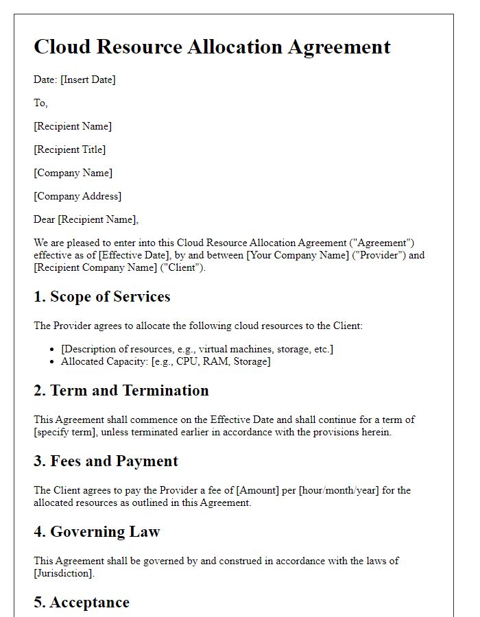 Letter template of cloud resource allocation agreement