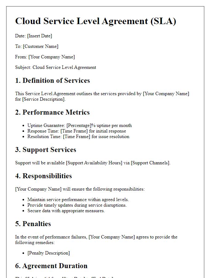 Letter template of cloud service level agreement (SLA)