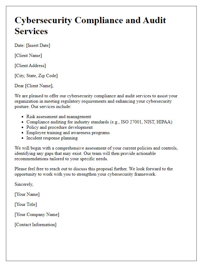Letter template of cybersecurity compliance and audit services