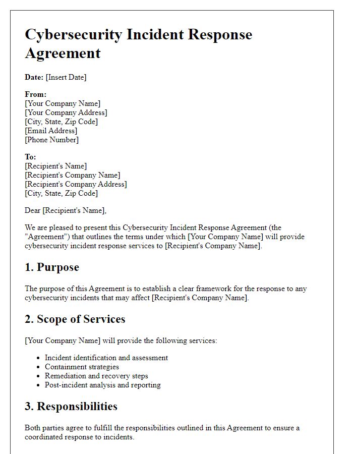 Letter template of cybersecurity incident response agreement