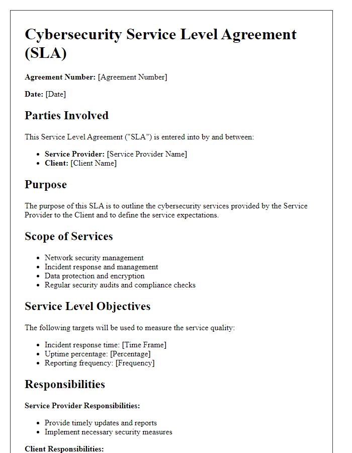 Letter template of cybersecurity service level agreement