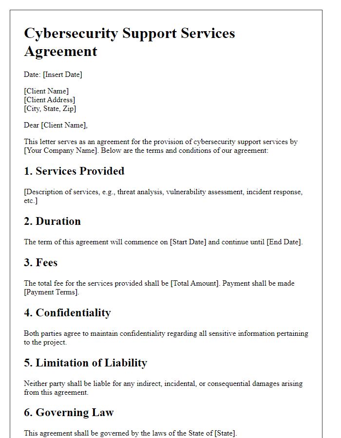 Letter template of cybersecurity support services agreement