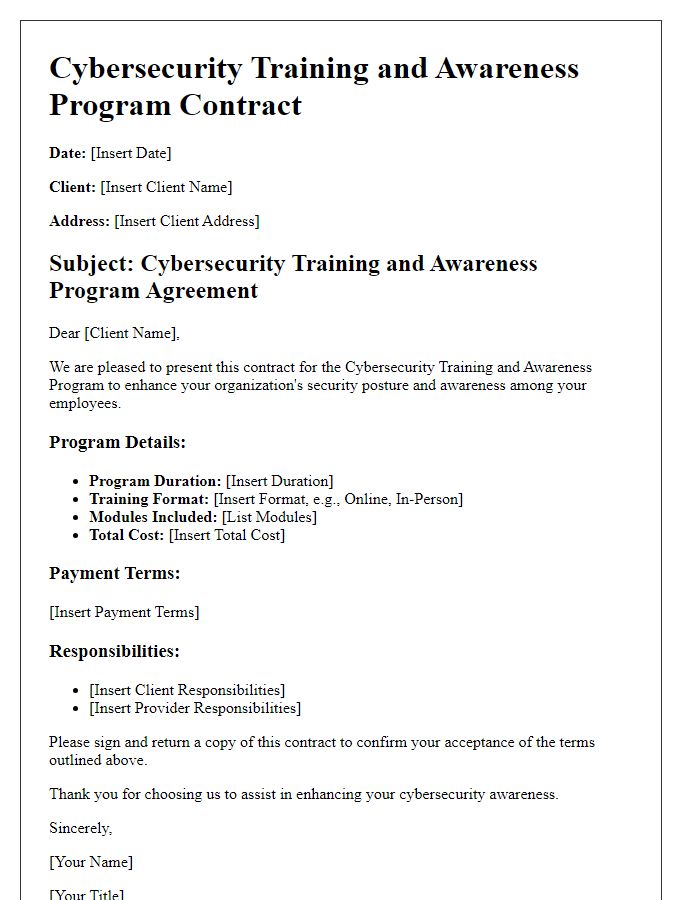 Letter template of cybersecurity training and awareness program contract