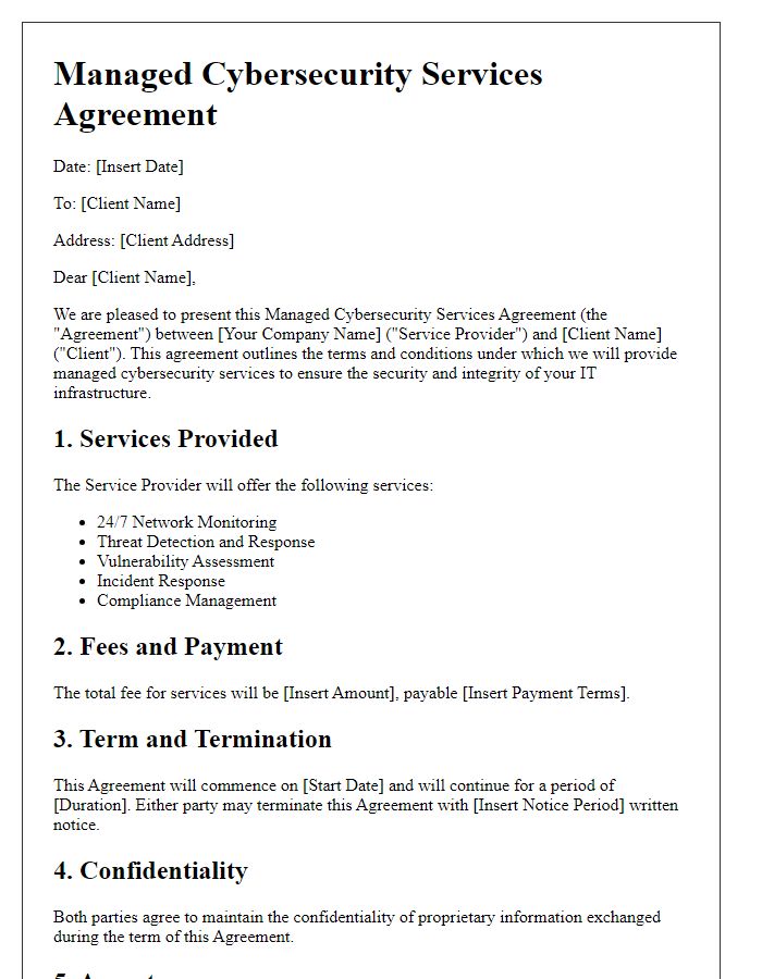 Letter template of managed cybersecurity services agreement