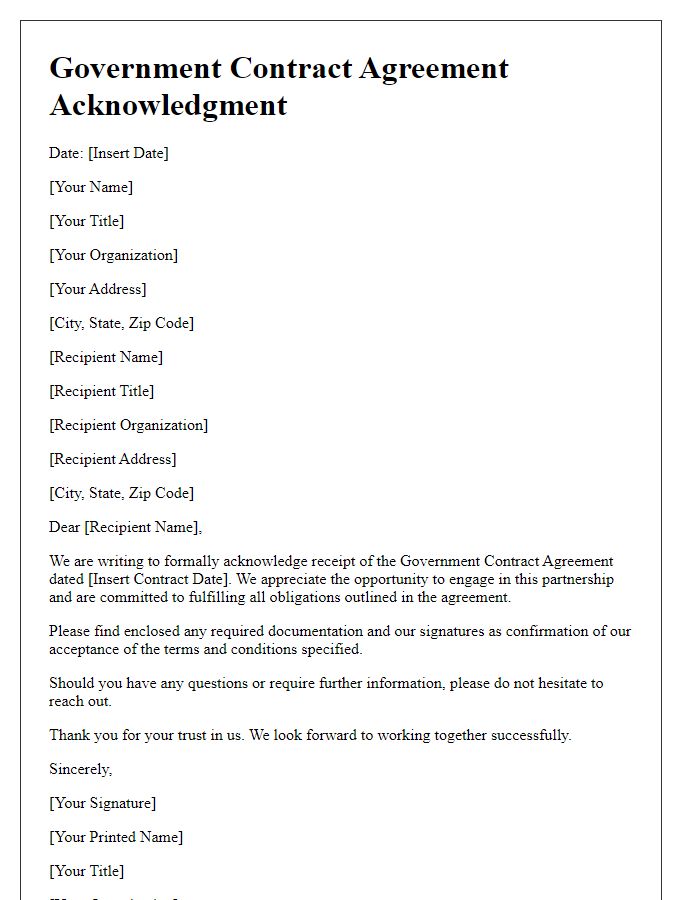 Letter template of Government Contract Agreement Acknowledgment