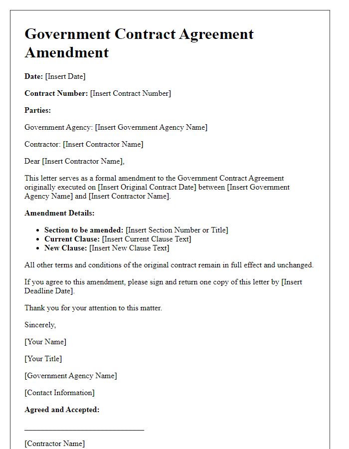 Letter template of Government Contract Agreement Amendment