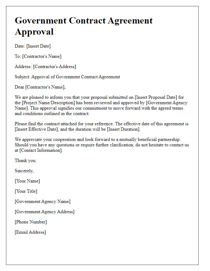 Letter template of Government Contract Agreement Approval