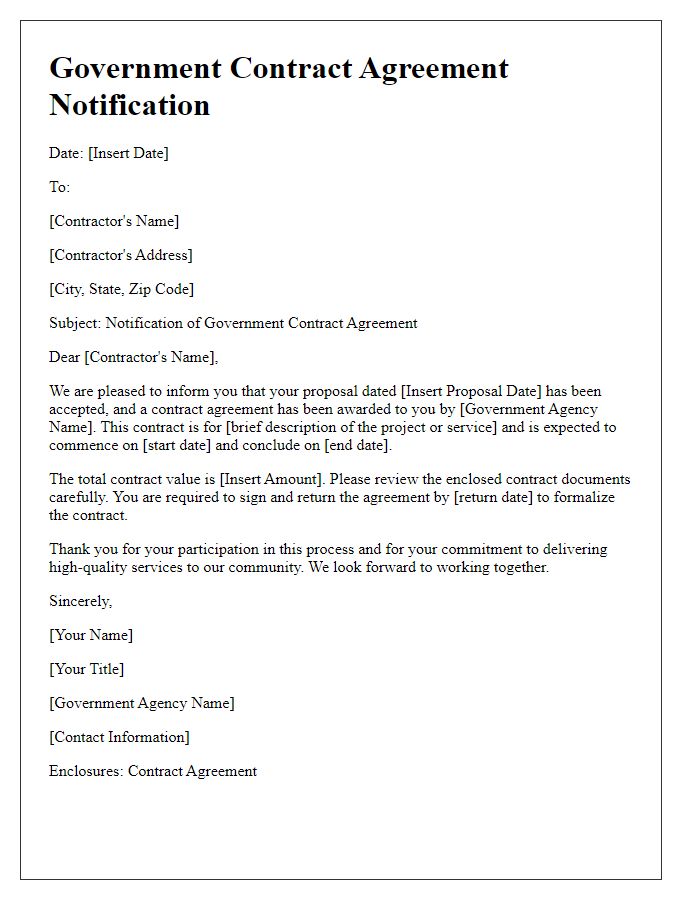 Letter template of Government Contract Agreement Notification