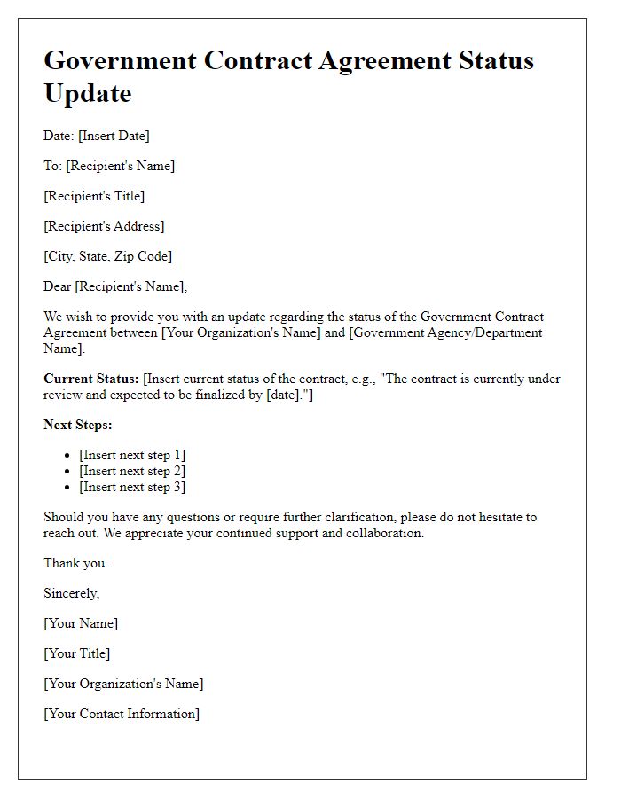 Letter template of Government Contract Agreement Status Update