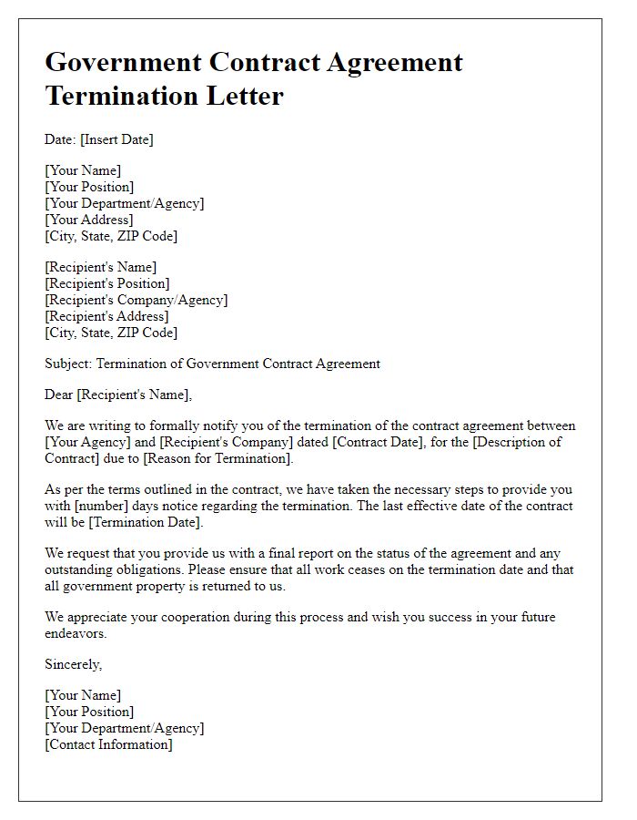 Letter template of Government Contract Agreement Termination