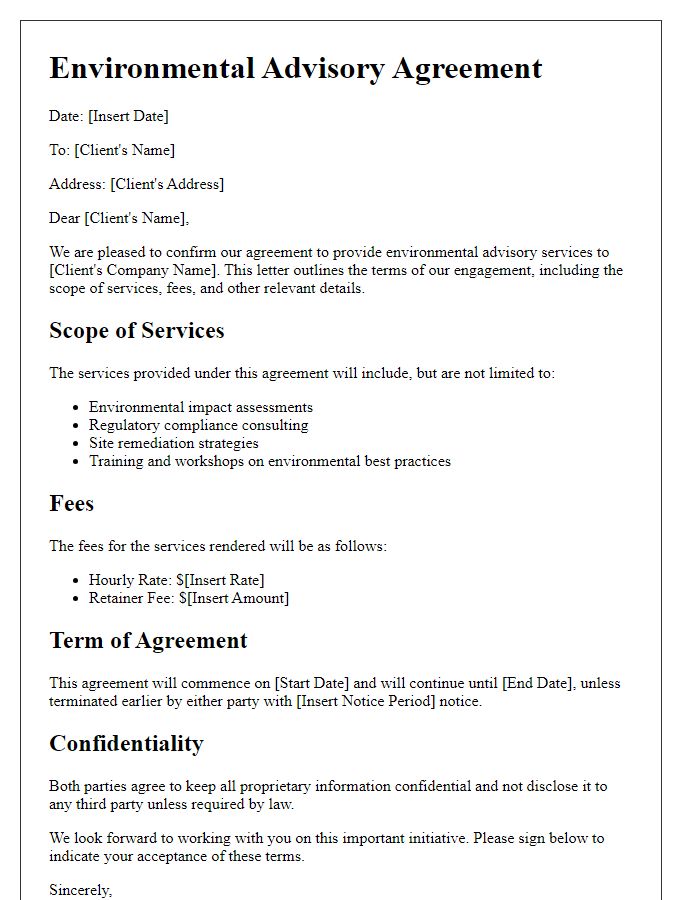 Letter template of environmental advisory agreement