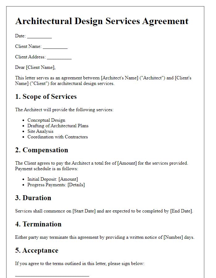 Letter template of architectural design services agreement