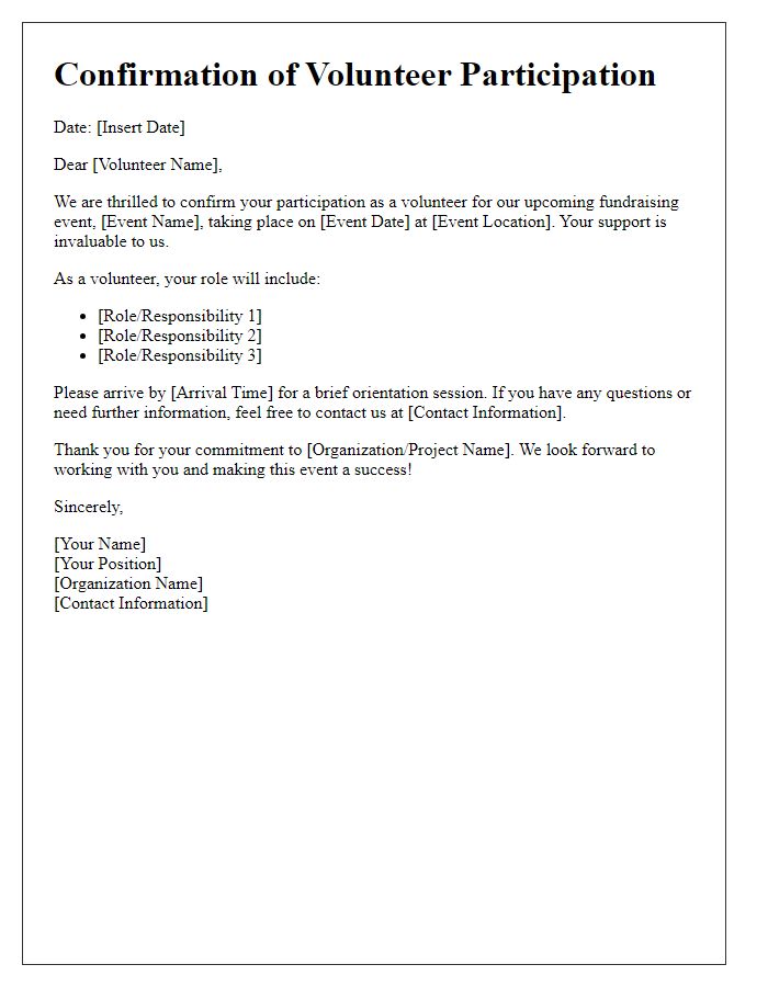 Letter template of confirmation for fundraising event volunteer participation