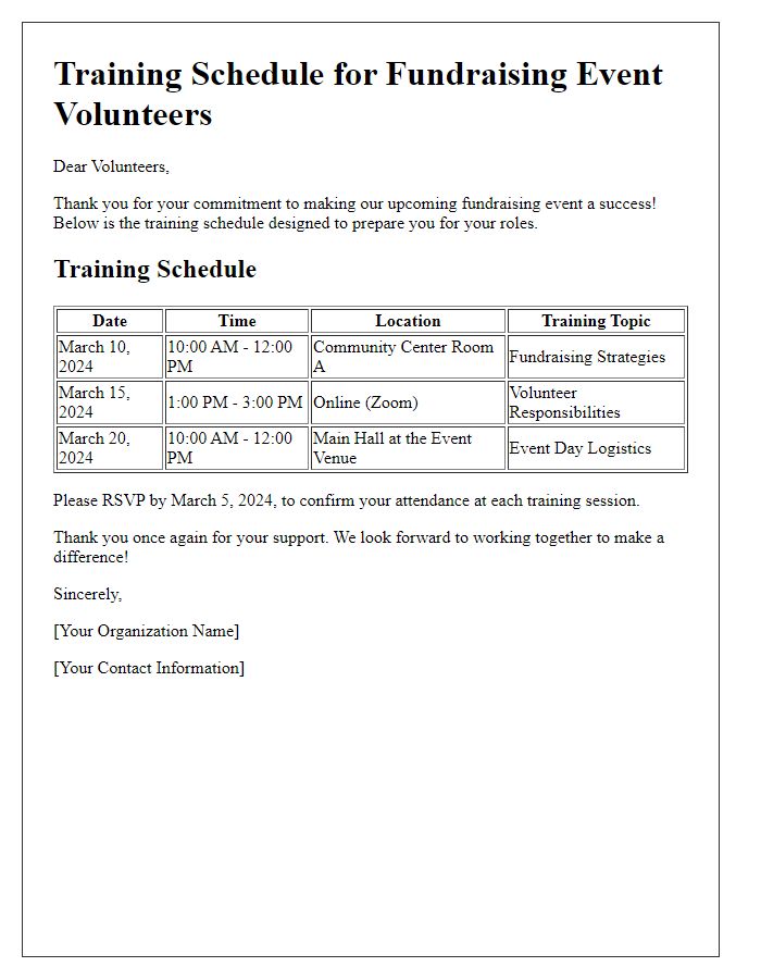 Letter template of training schedule for fundraising event volunteers