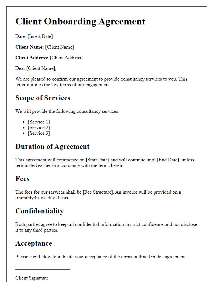 Letter template of client onboarding agreement for consultancy services