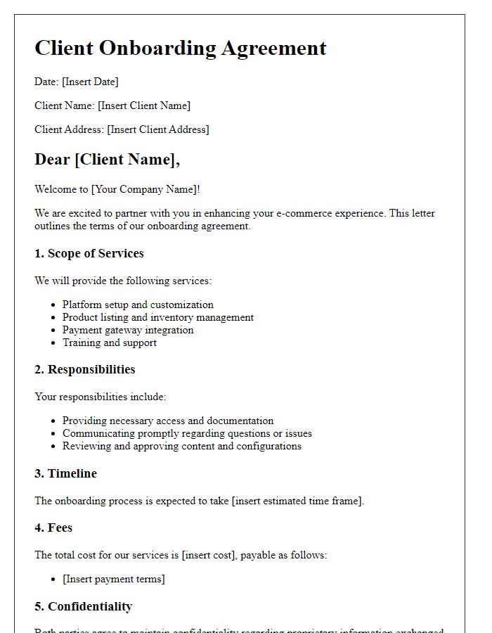 Letter template of client onboarding agreement for e-commerce platforms