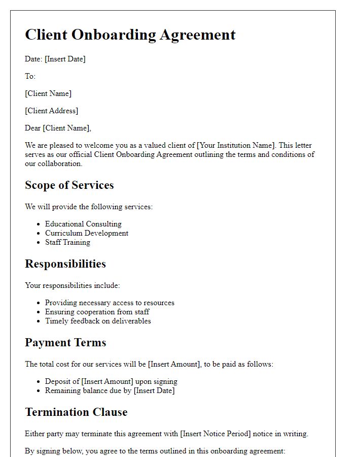 Letter template of client onboarding agreement for educational institutions