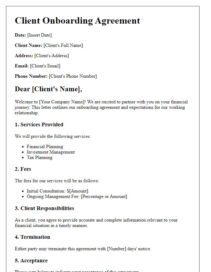 Letter template of client onboarding agreement for financial advisors