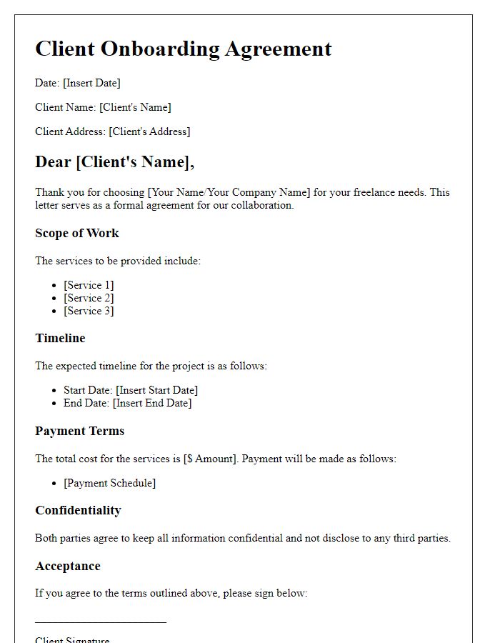 Letter template of client onboarding agreement for freelance professionals