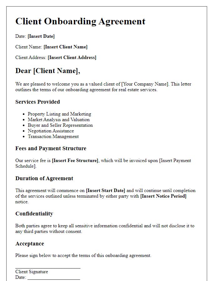 Letter template of client onboarding agreement for real estate services