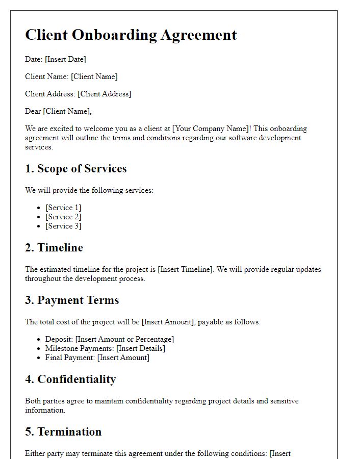 Letter template of client onboarding agreement for software development