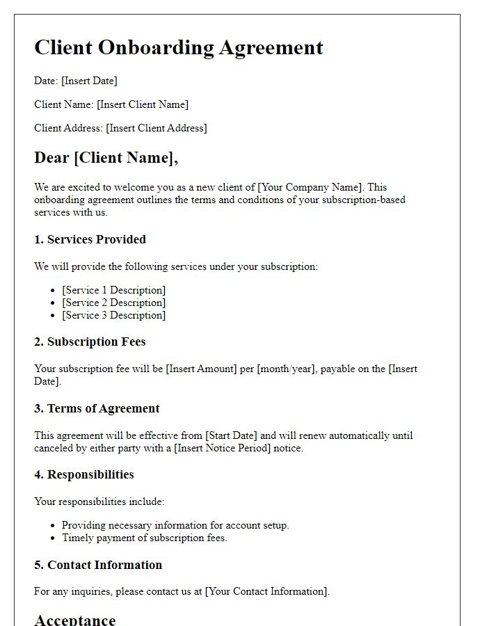 Letter template of client onboarding agreement for subscription-based services