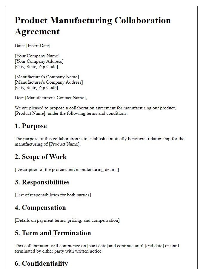 Letter template of product manufacturing collaboration agreement