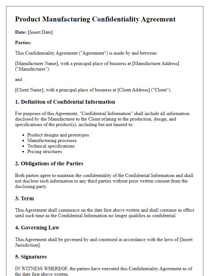 Letter template of product manufacturing confidentiality agreement