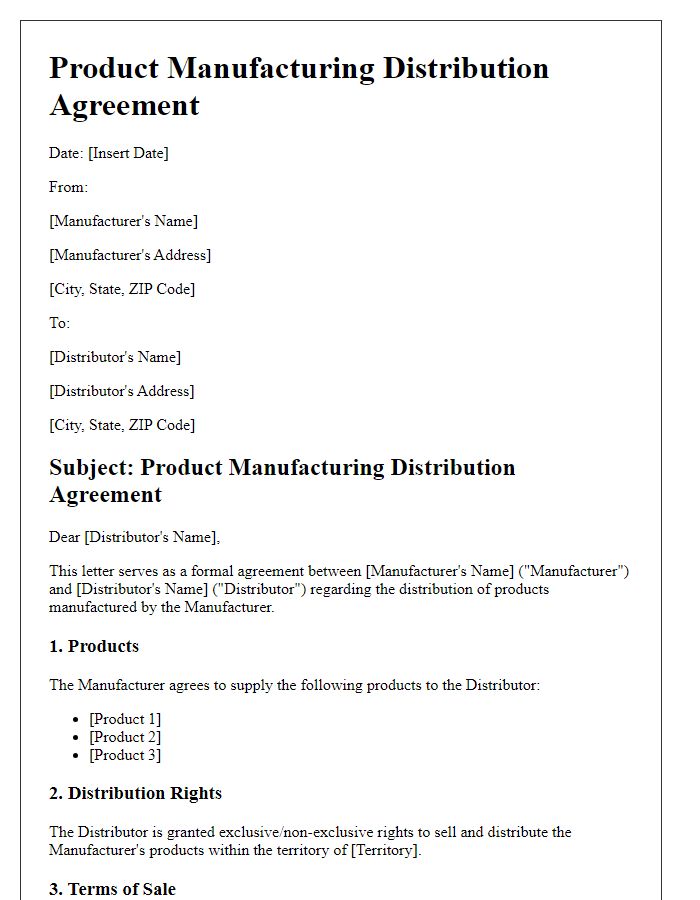 Letter template of product manufacturing distribution agreement